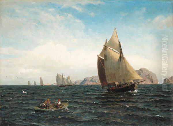 Sailboats on the fjord / Sailing of the Norwegian coast Oil Painting by Hans Gude