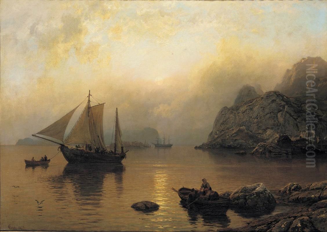 Fishing party at sunrise. Oil Painting by Hans Gude