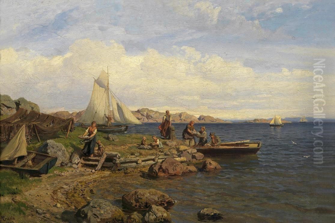 The fishermen arrive onshore Oil Painting by Hans Gude