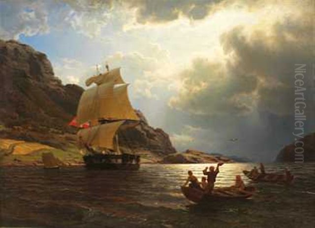 Hjemvendende hvalfangerskip i en norsk havn Oil Painting by Hans Gude