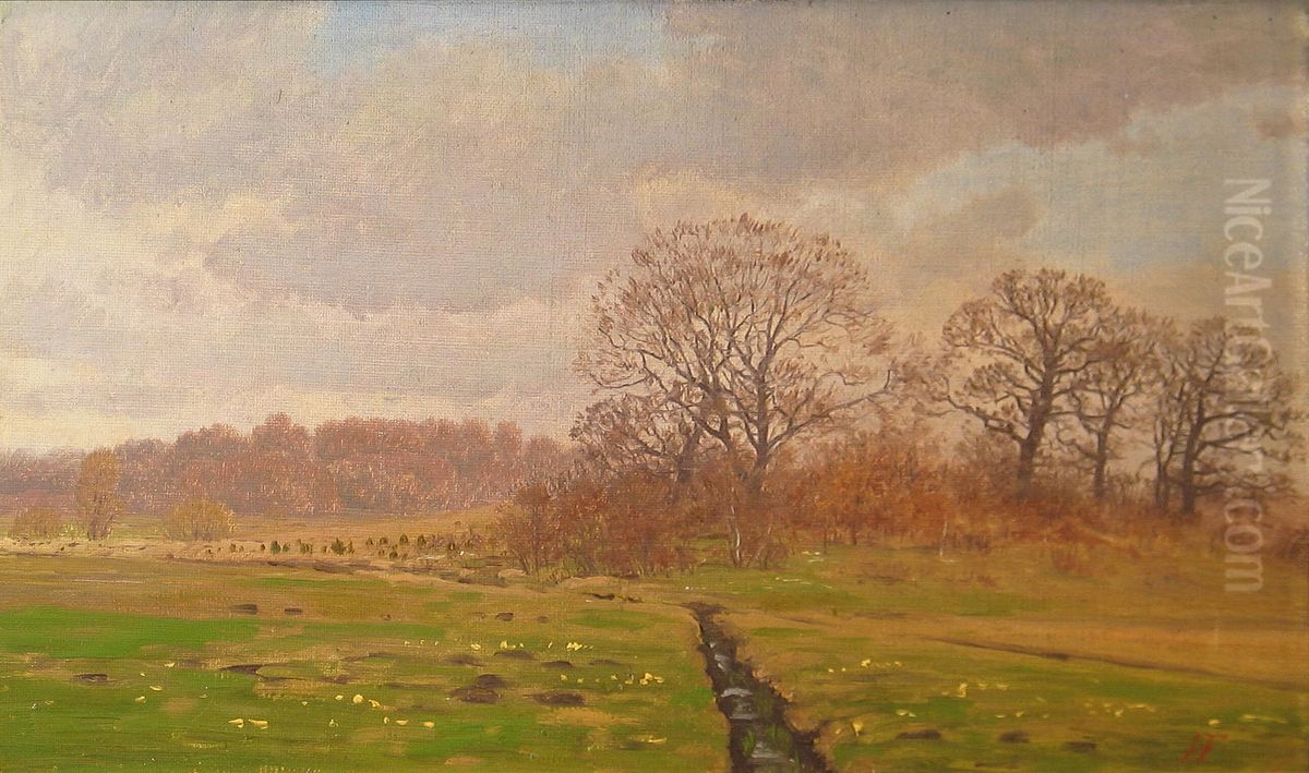 A meadow near the woods at Norre Alslev. Oil Painting by Hans Friis