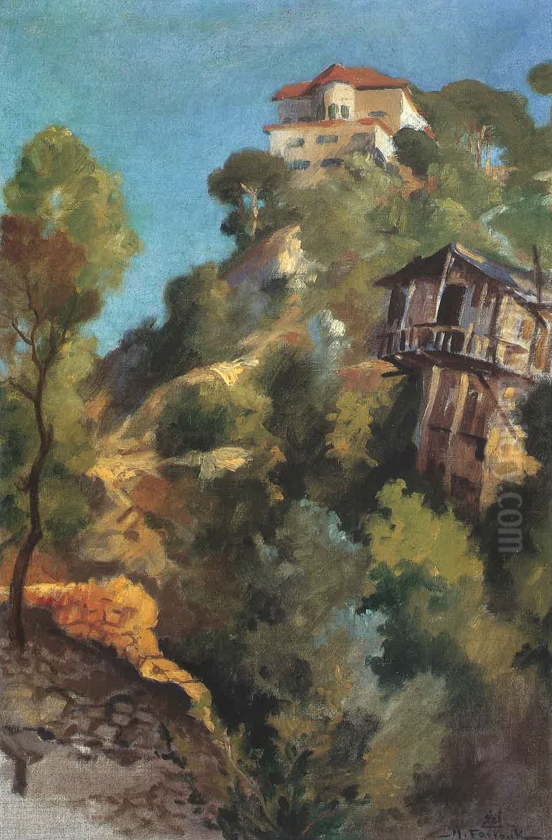 Bikfaya. The Palace and the cabin. Oil Painting by Moustafa Farroukh