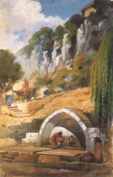 Al-Qashqush Spring at Bikfaya. Oil Painting by Moustafa Farroukh