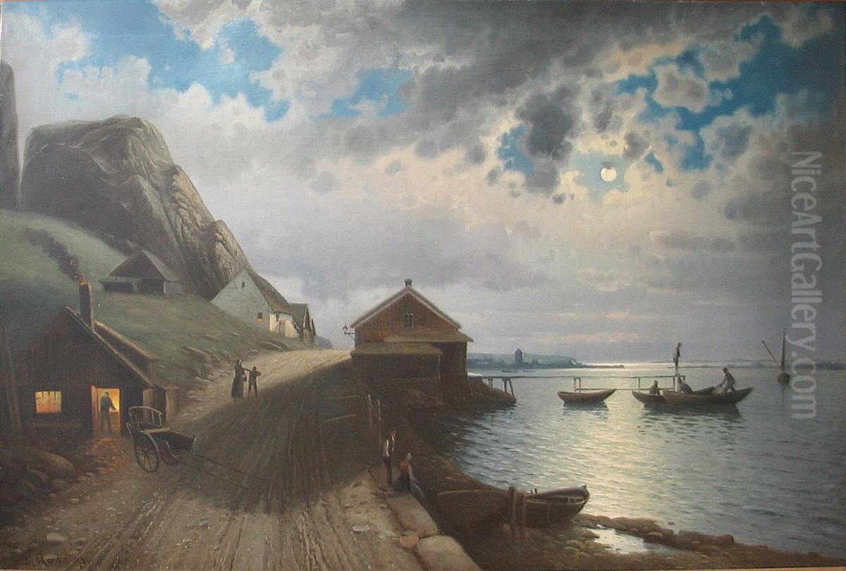A moonlit coastal view with numerous boats and persons. Oil Painting by Siegfried Hass