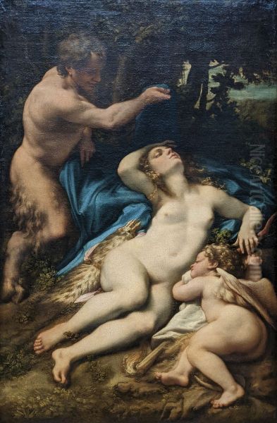 Venus, Satyre et Cupidon ; dit a tort le  sommeil d'Antiope ou Jupiter et Antiope Oil Painting by Antonio da Correggio