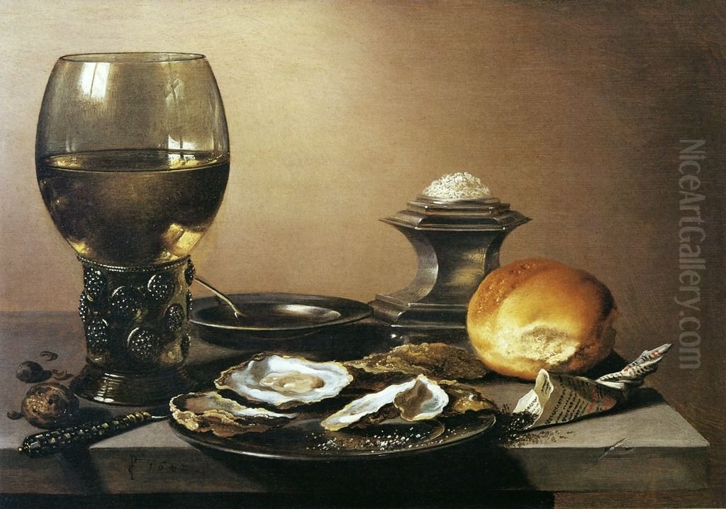 Banketje met roemer, oesters, zoutvat en broodje Oil Painting by Pieter Claesz
