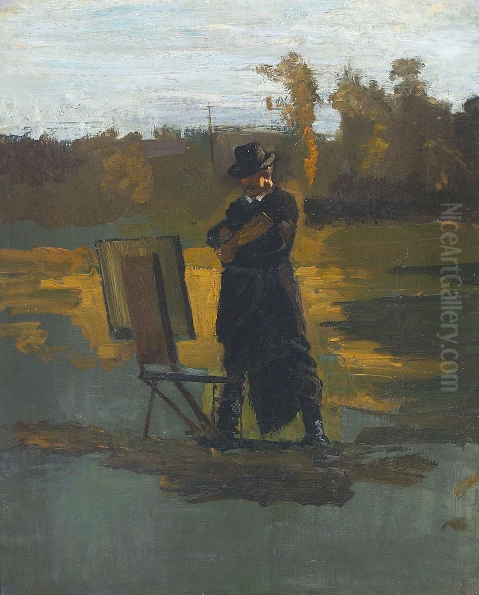 Thorvald Niss at his easel near Frederiksborg, Denmark. Oil Painting by Hans Nikolaj Hansen