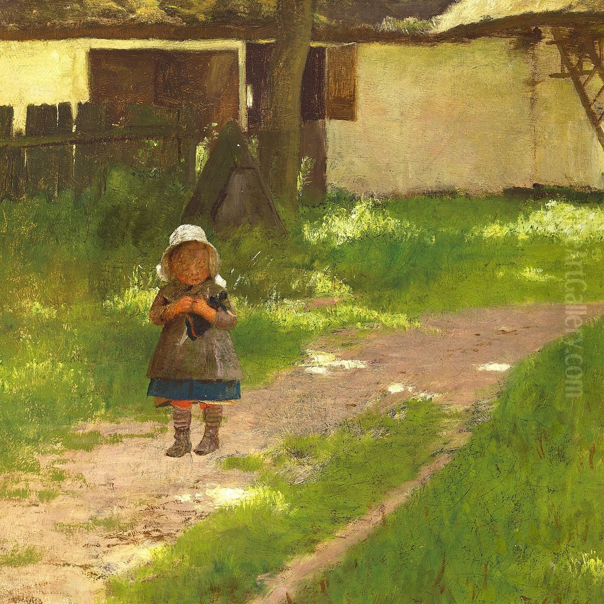 Girl, holding a doll, in front of a farm. Oil Painting by Hans Ole Brasen