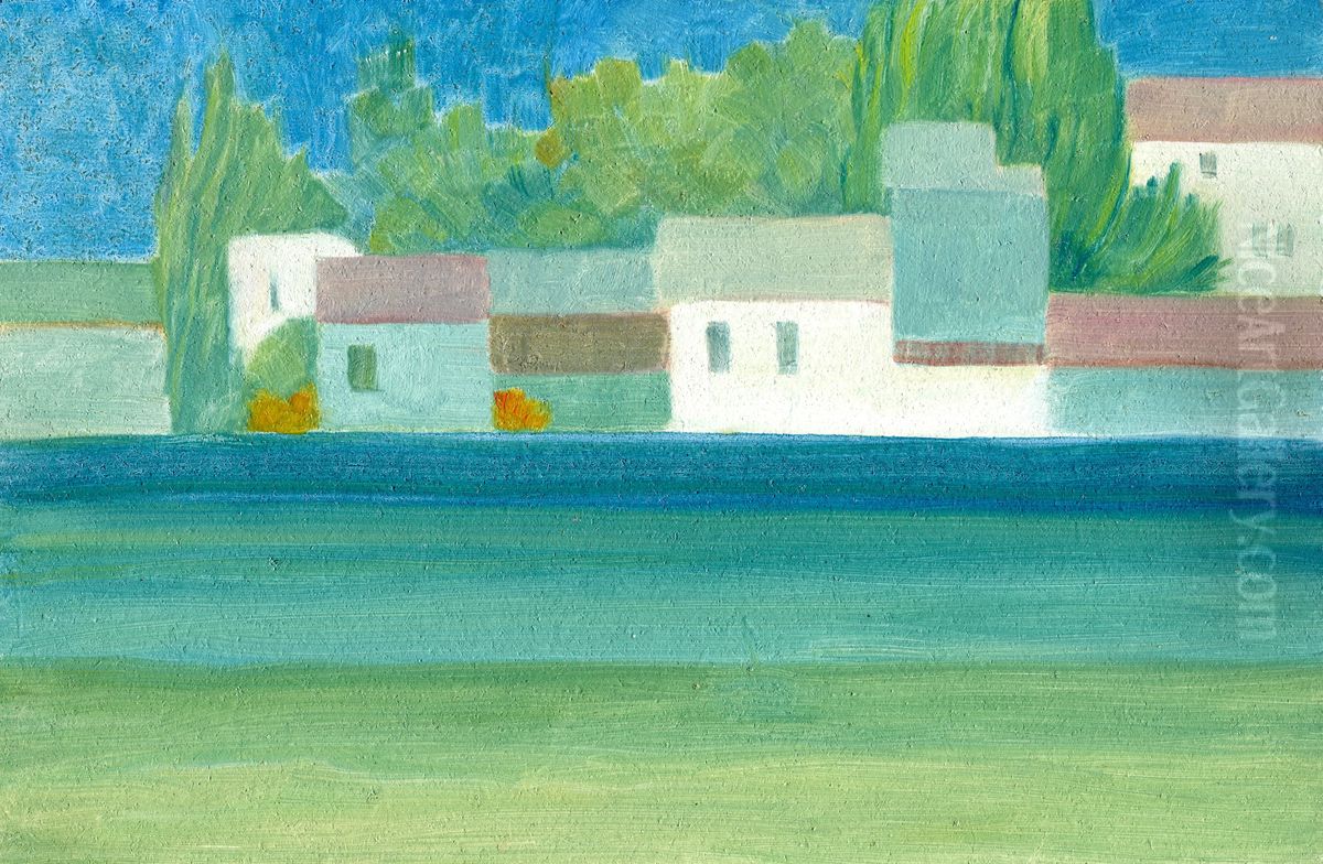 Hauser am Fluss Oil Painting by Hans Purin