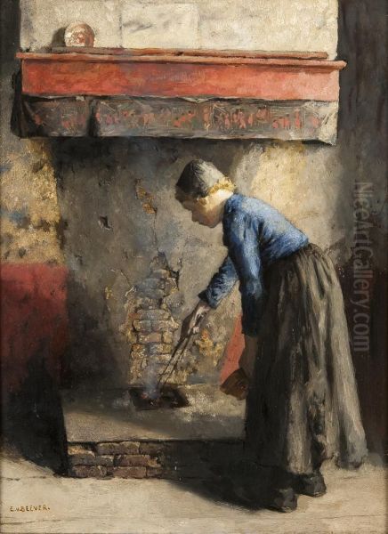 Jonge vrouw bij het vuur Oil Painting by Emanuel Samson van Beever