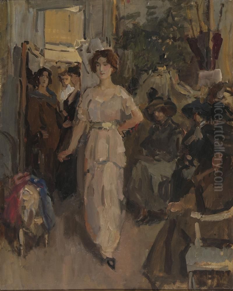 Modeshow bij Hirsch & Cie. Oil Painting by Isaac Lazarus Israels