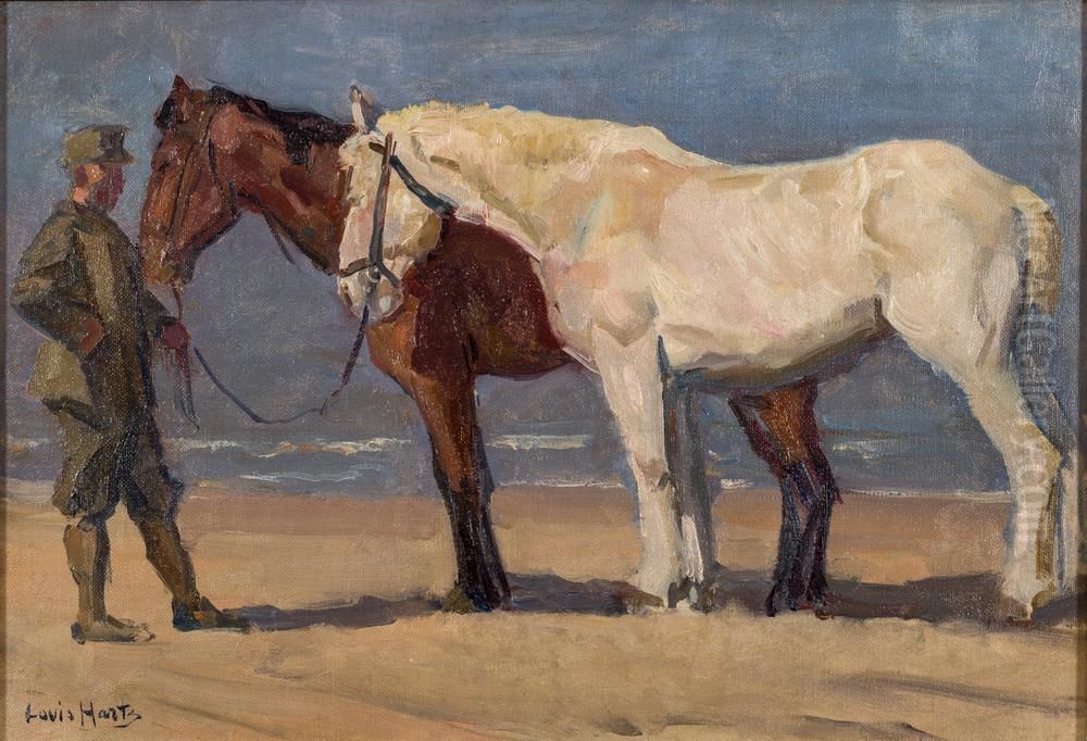 Paarden op het strand van Katwijk Oil Painting by Louis Hartz