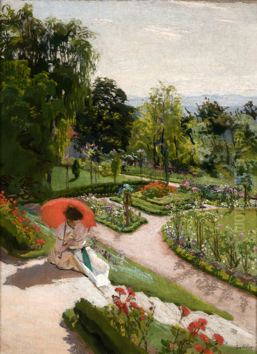 Red Umbrella Oil Painting by Jozef Mehoffer Red Umbrella Oil Painting by Jozef Mehoffer