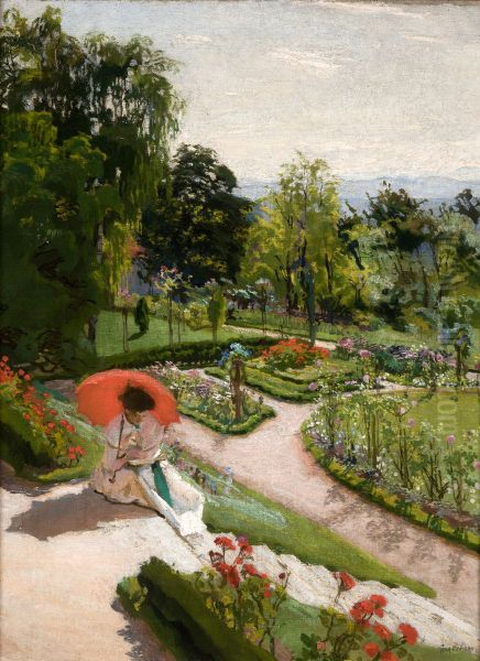Czerwona parasolka Oil Painting by Jozef Mehoffer