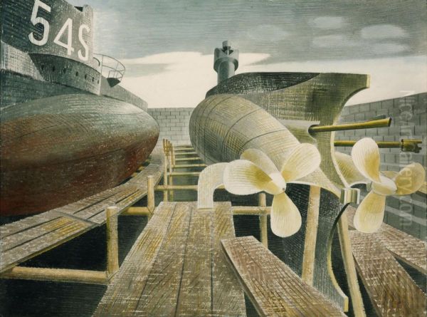Submarines in Dry Dock Oil Painting by Eric Ravilious