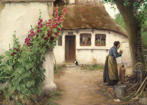 A woman at a farmhouse with red hollyhocks. Oil Painting by H. A. Brendekilde