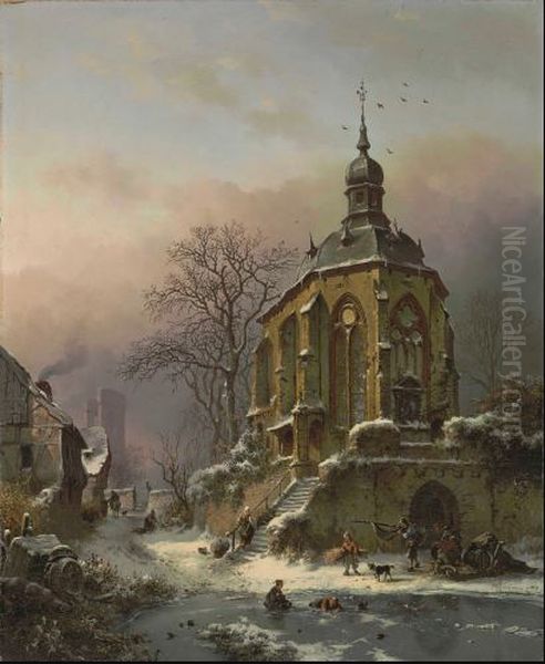 Figures at Work in a Winter Landscape, an Approaching Storm Beyond Oil Painting by Fredrik Marinus Kruseman