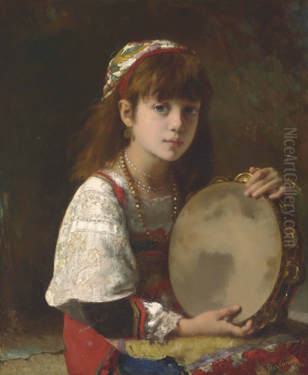 Girl with tambourine Oil Painting by Alexei Harlamov