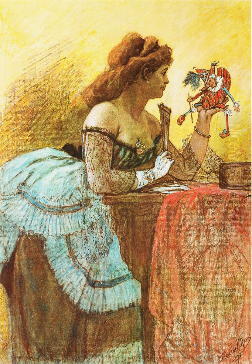 La Dame au pantin et a l'eventail Oil Painting by Felicien Rops