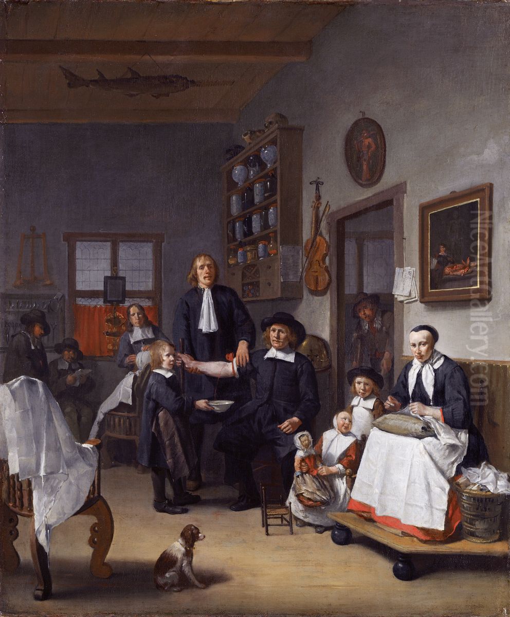 Jacob Franszn (ca. 1635-1708) and family in his barber-surgeon shop Oil Painting by Egbert Van Heemskerck