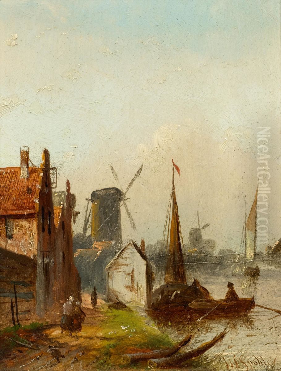 Hauser und Muhle an einem Fluss mit Booten Oil Painting by Jan Jacob Coenraad Spohler