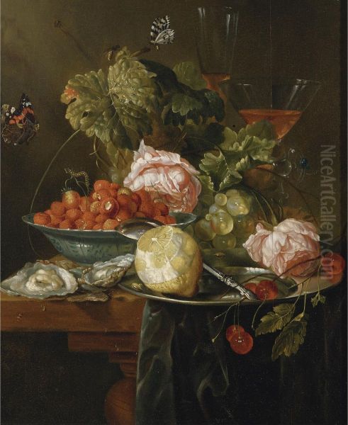 Still Life of Strawberries, Oysters and a Peeled Lemon Oil Painting by Jan Davidsz. De Heem