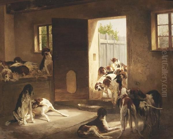 Hundemeute. Jagdhunde im Stall Oil Painting by Carl Rudolf Huber