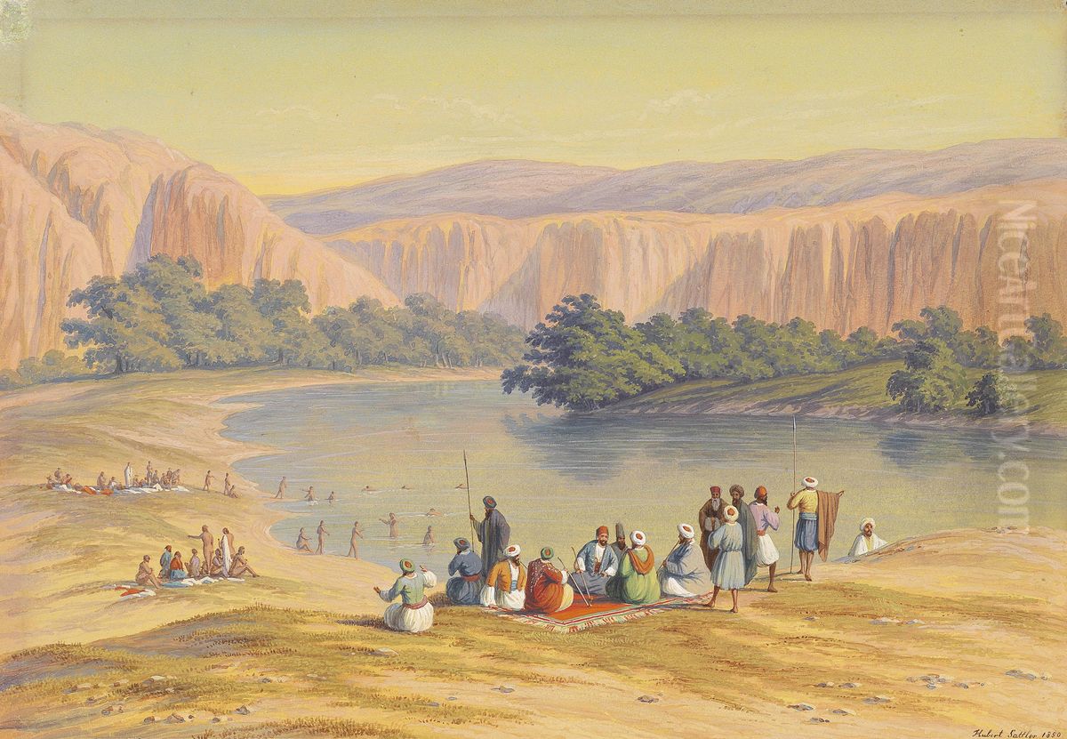 Badeszene mit Orientalen an einem Binnensee Oil Painting by Hubert Sattler