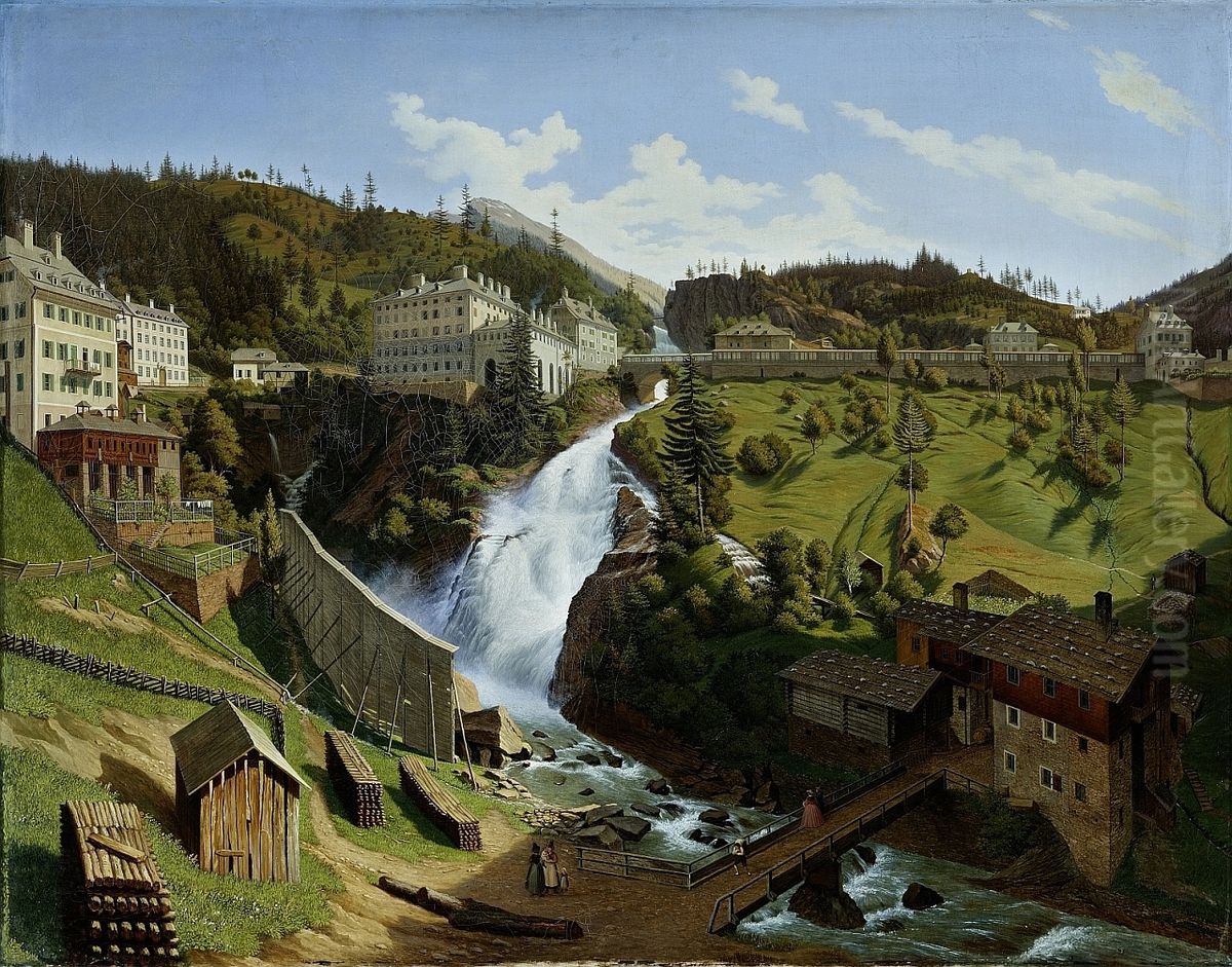 Das Wildbad Gastein mit seinem herrlichen Wasserfall Oil Painting by Hubert Sattler