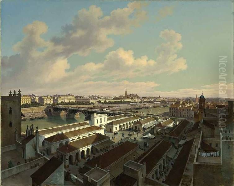 Sevilla, die Hauptstadt Andalusiens, vom Thurme eines Hauses in der Vorstadt Triana aufgenommen Oil Painting by Hubert Sattler