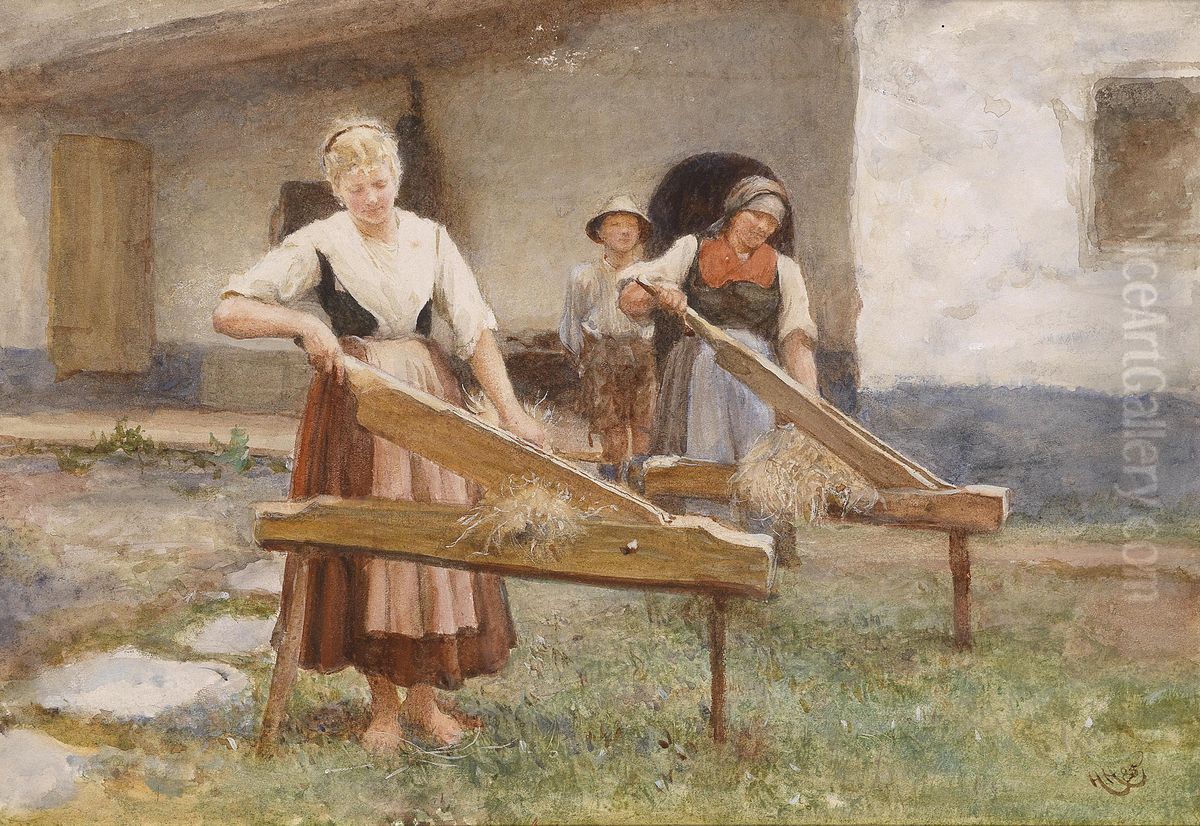 Junge Bauerinnen beim Flachs brechen Oil Painting by Hubert von Herkomer