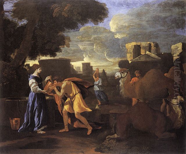Rebecca Quenching the Thirst of Eliezer at the Well Oil Painting by Nicolas Poussin