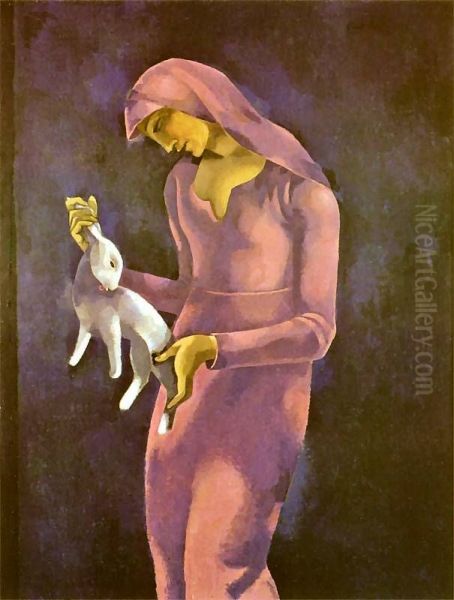 Kobieta z krolikiem Oil Painting by Eugeniusz Zak