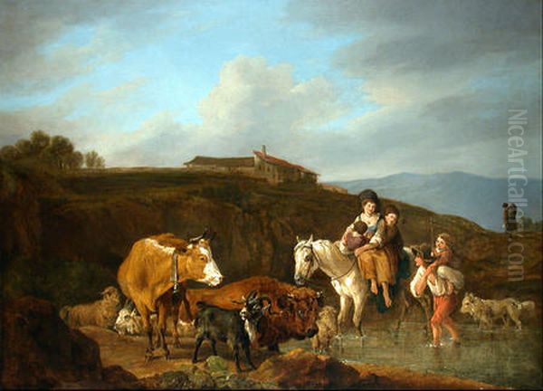 Vieh und Reiter in italienischer Landschaft Oil Painting by Wilhelm von Kobell (1766-1853)