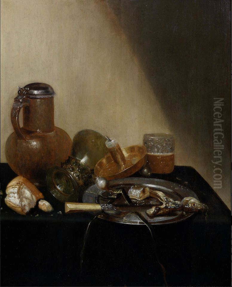 A still life of a pewter-mounted stoneware jug, an overturned roemer, a broken roll of bread, a candle in a brass stand, a glass beaker of beer, a pewter dish with fish and a knife with ivory handle on a draped table-top Oil Painting by Unidentified painter