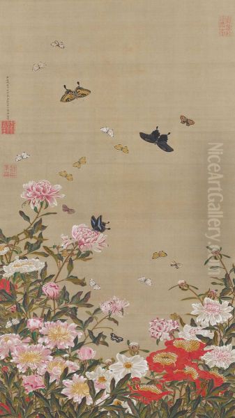 Herbaceous peonies and butterflies Oil Painting by Ito Jakuchu