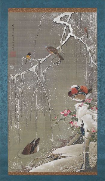 Mandarin ducks in the snow Oil Painting by Ito Jakuchu