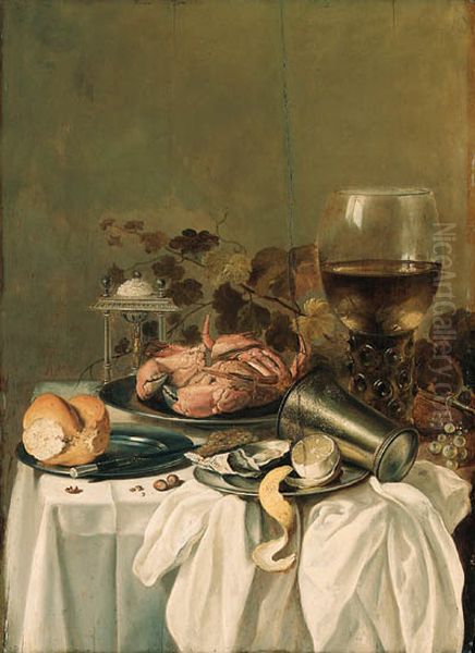 Stilleven met een krab op een tinnen bord, een roemer en een zilveren zoutvat Oil Painting by Pieter Claesz