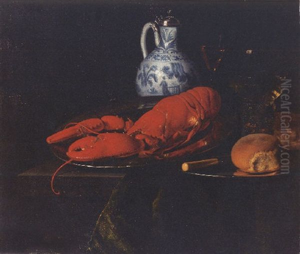 Still life with lobster, bread, knife, pewter plate, and roemer on a draped ledge Oil Painting by Simon Luttichuys