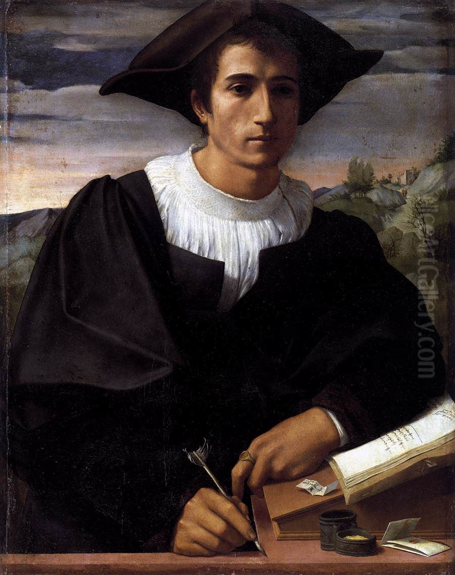 Portrat eines jungen Mannes am Schreibpult Oil Painting by Francesco Franciabigio
