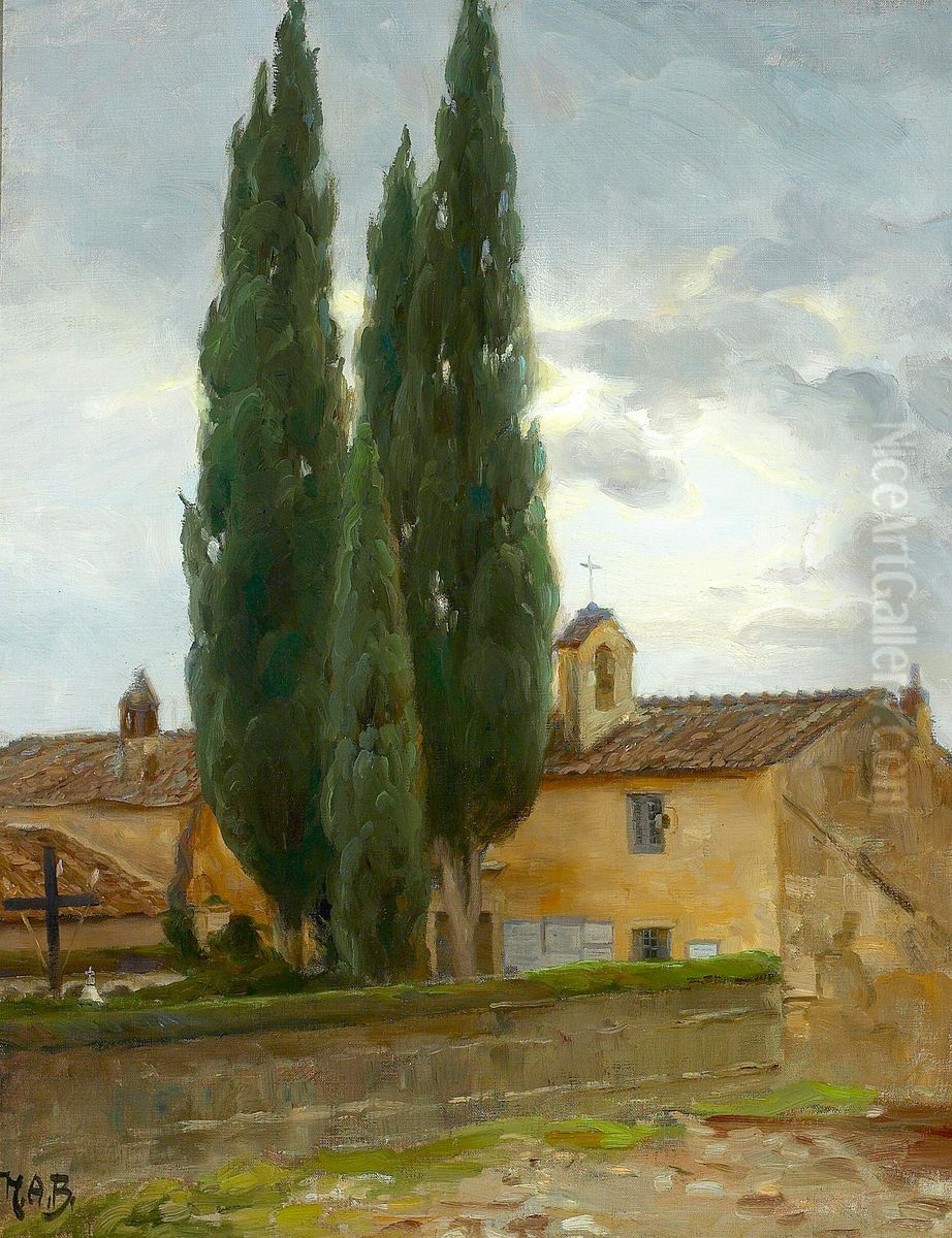 Italiensk landskab med kloster og pinjetraeer. Oil Painting by H. A. Brendekilde