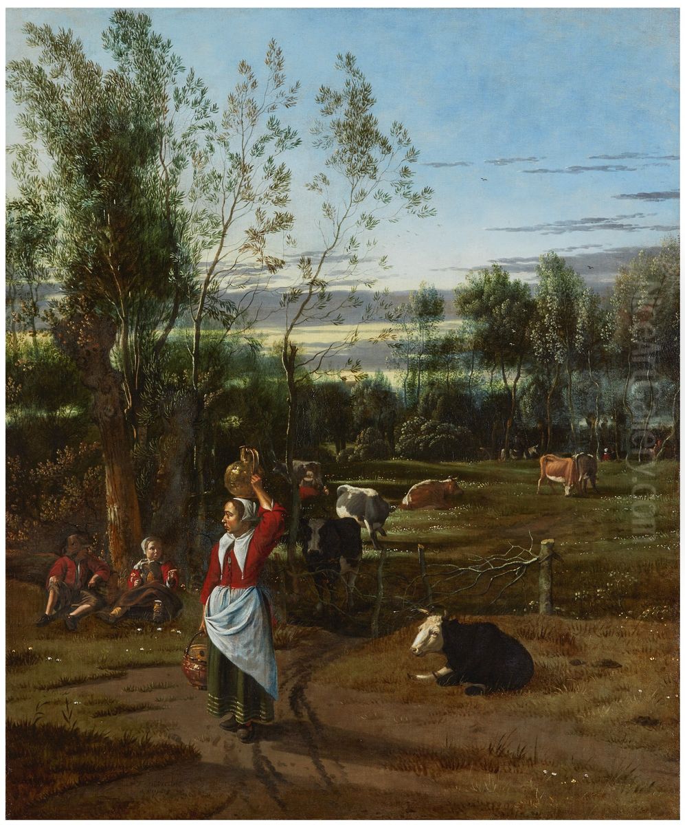 A Milkmaid and Children in a Field, Cattle Grazing beyond Oil Painting by Johannes Siberechts