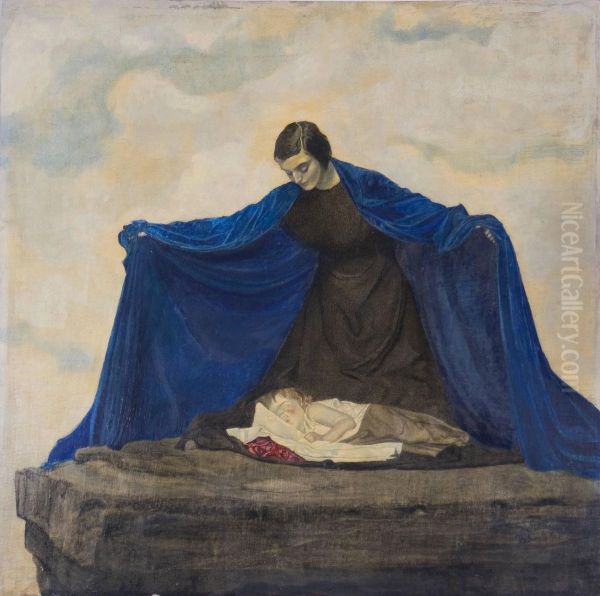 Boy under his mother's protective coat Oil Painting by Sidonie Springer