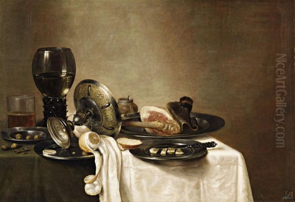 Still life with roemer, tazza, ham and lemon Oil Painting by Gerret Willemsz Heda