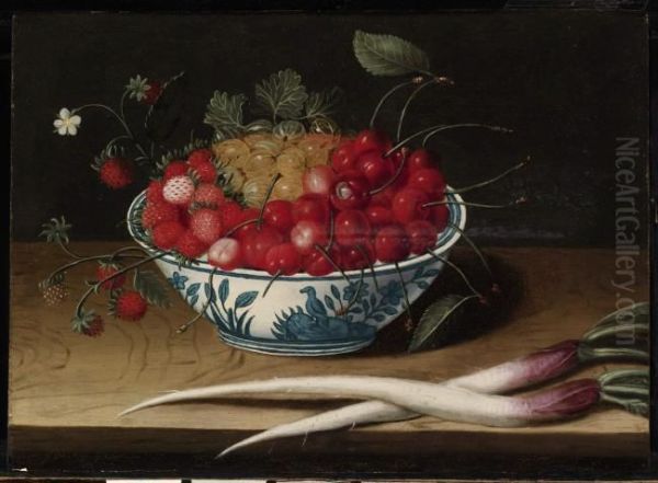 Stilleven  van een kom met vruchten en een paar schorseneren Oil Painting by Abraham Gibbens