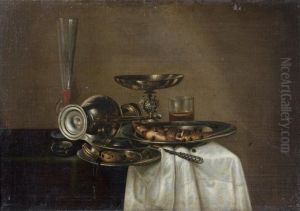 Still life with wine glass, tazza, fish and overturned jug