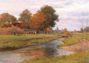 River Landscape with Small Herd of Cows and a Village in the background