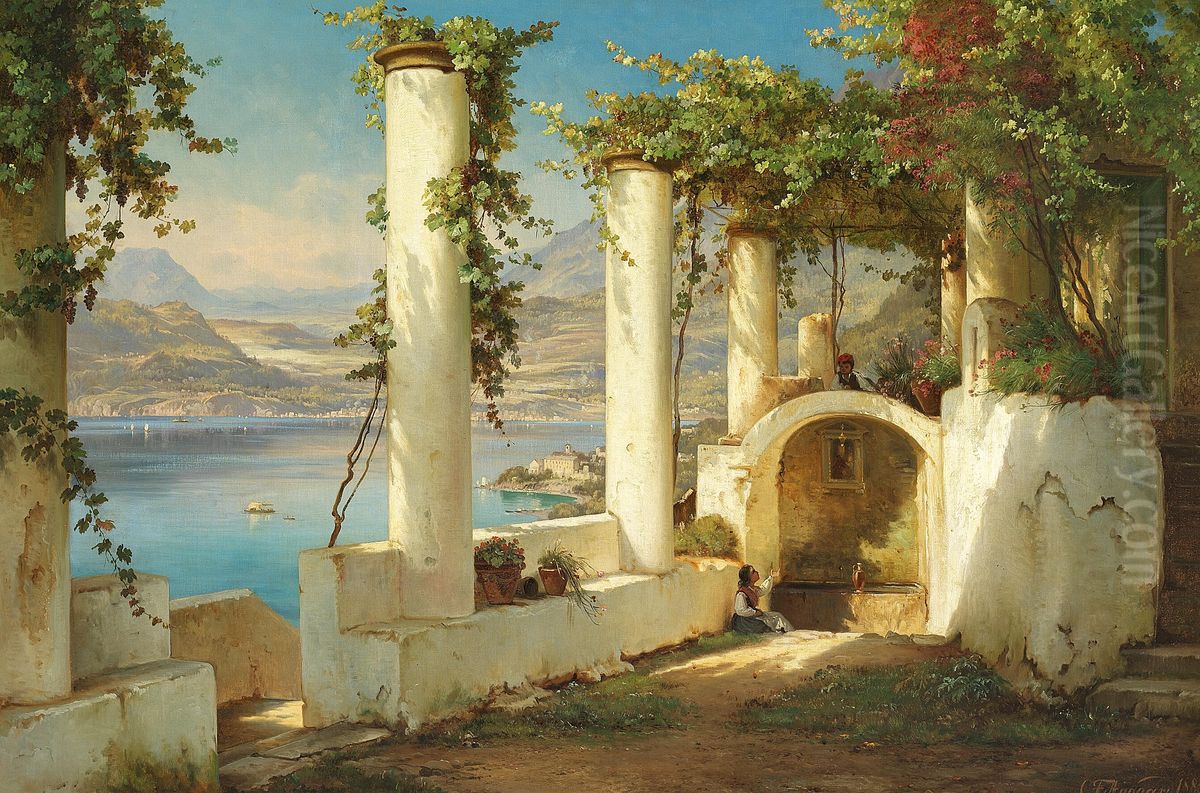 Italians sitting in the shadows of a pergola at a mountain lake. Oil Painting by Carl Frederik Aagaard