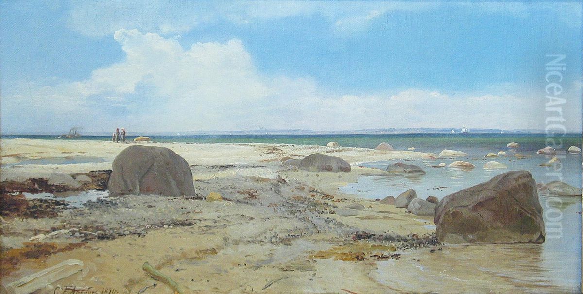 Children on a beach. View from Saltholm across to Sweden. Oil Painting by Carl Frederik Aagaard