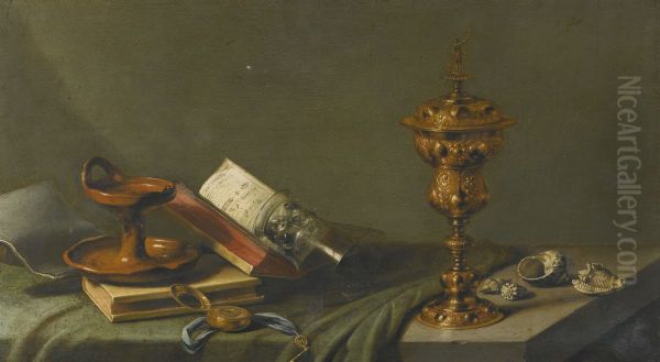 Still life of a skull, covered beaker and other objects on a table (Vanitas) Oil Painting by Pieter Claesz